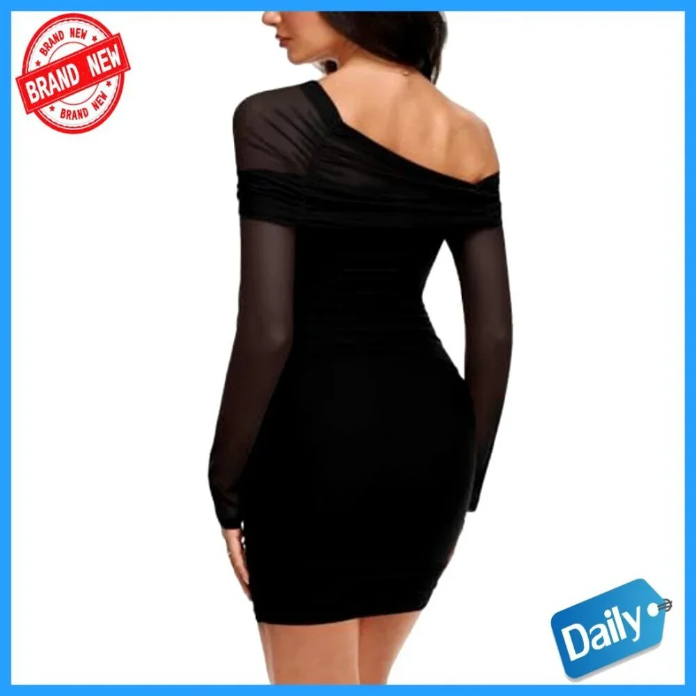 Sexy Off Shoulder Long Sleeve Ruched Bodycon Mini Dress Mesh Sheer Cocktail Club